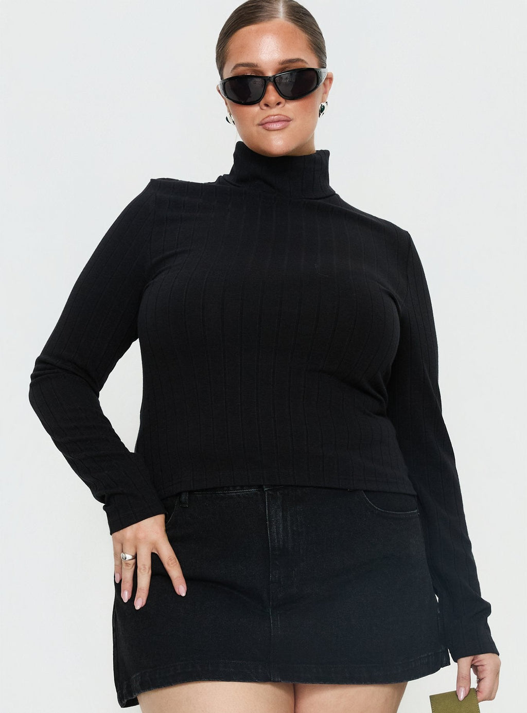 Enisa High Neck Long Sleeve Top Black Curve