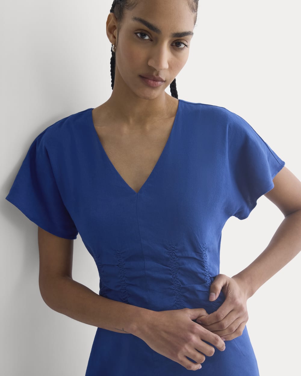 Cinched Dress in Stretch Linen | Estate Blue