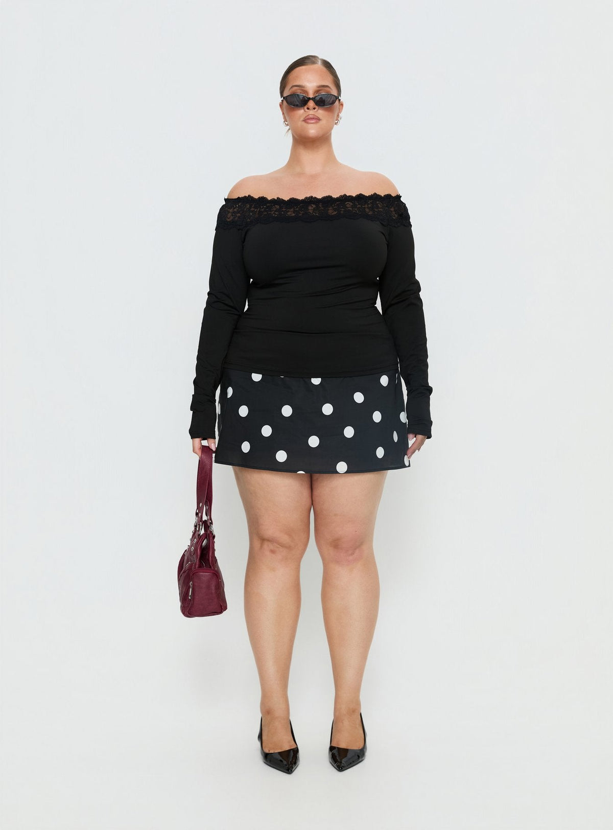 Breiann Lace Off Shoulder Long Sleeve Top Black Curve