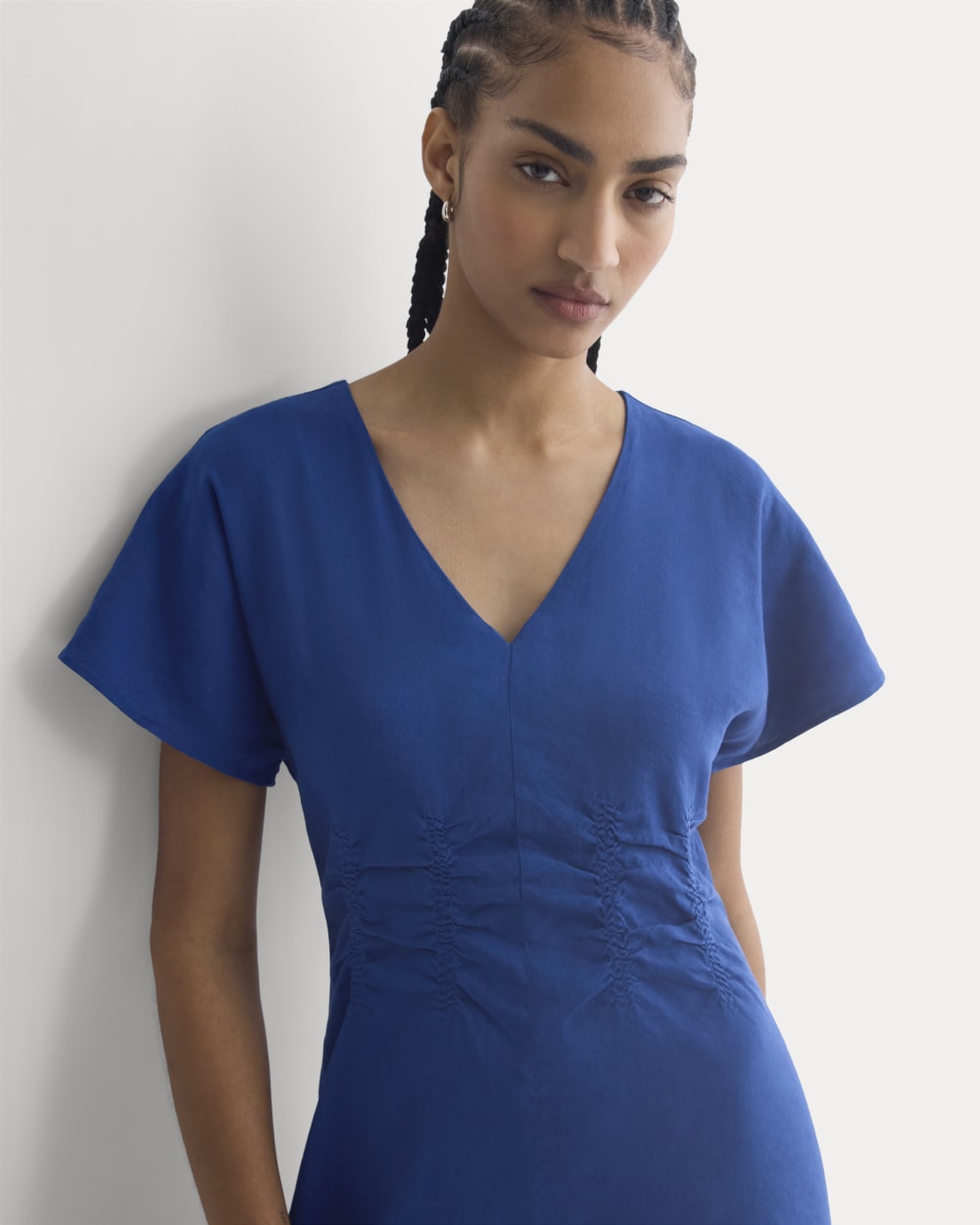 Cinched Dress in Stretch Linen | Estate Blue