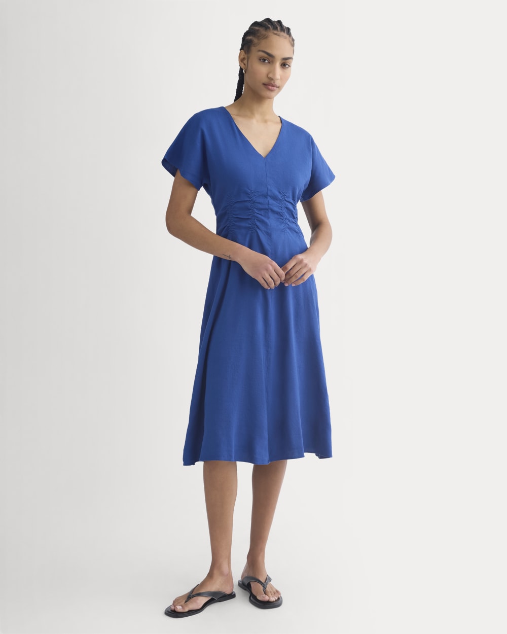 Cinched Dress in Stretch Linen | Estate Blue