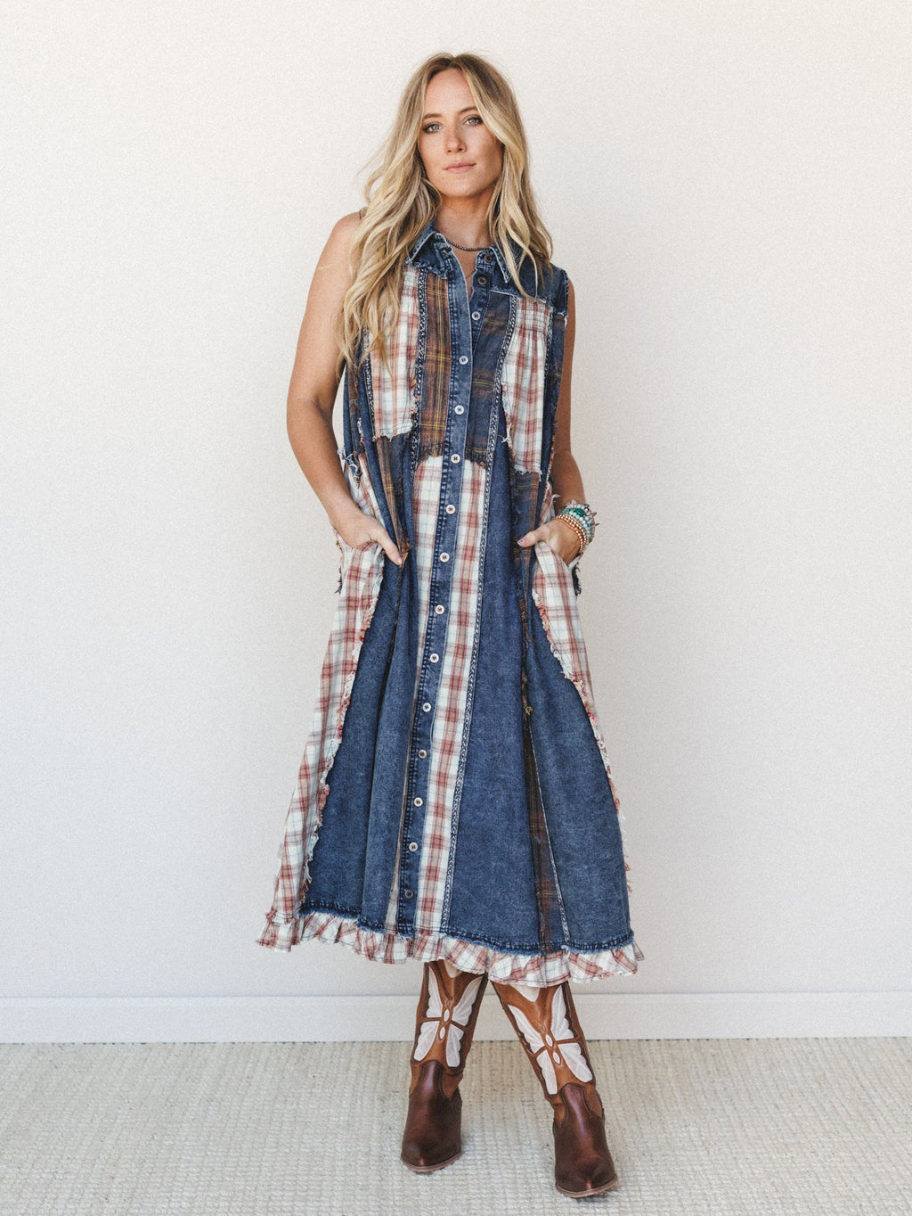 Kindred Cottage Plaid Dress - Brown Denim