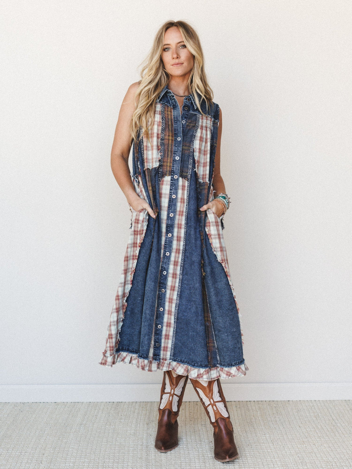 Kindred Cottage Plaid Dress - Brown Denim