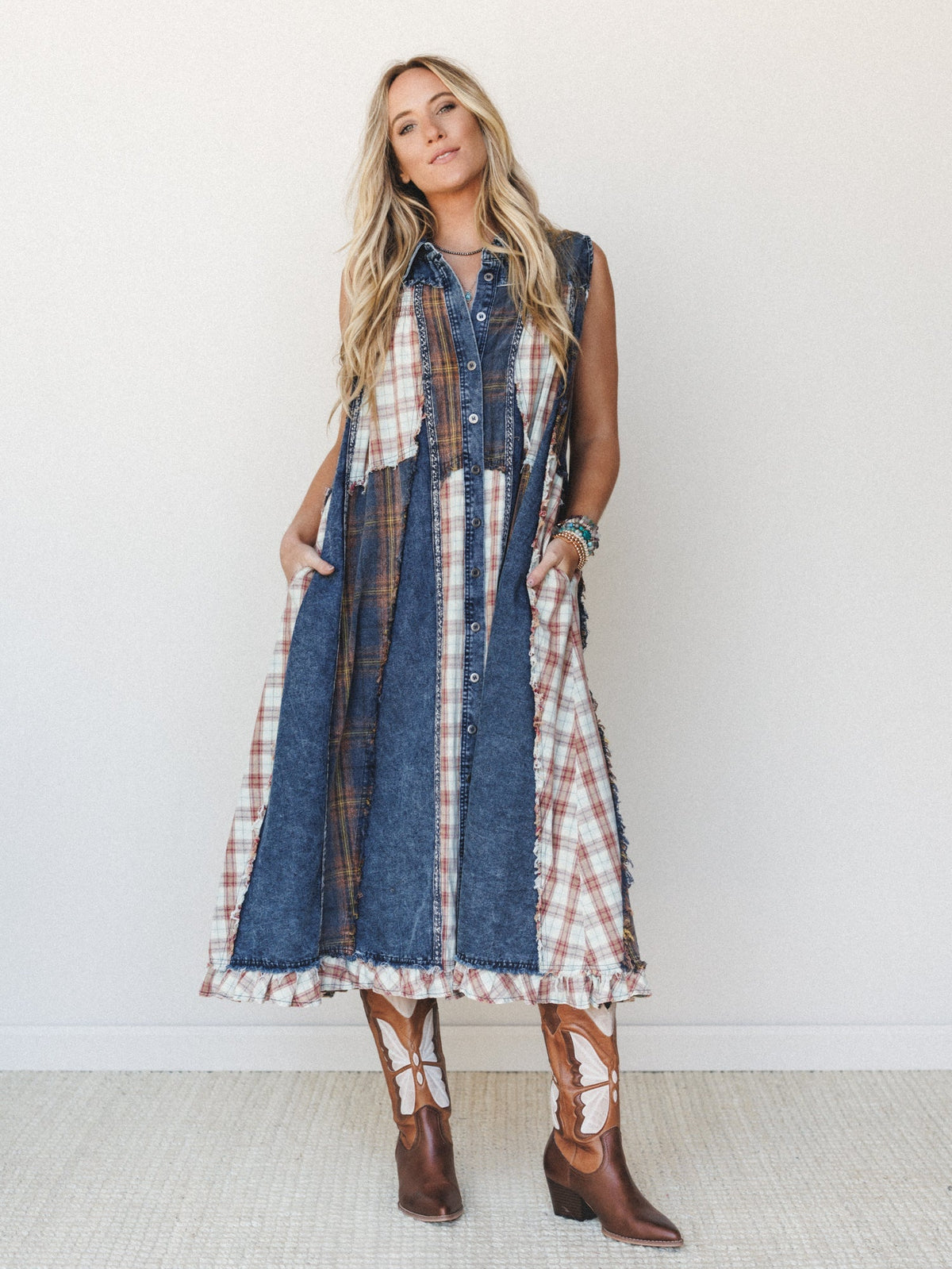 Kindred Cottage Plaid Dress - Brown Denim