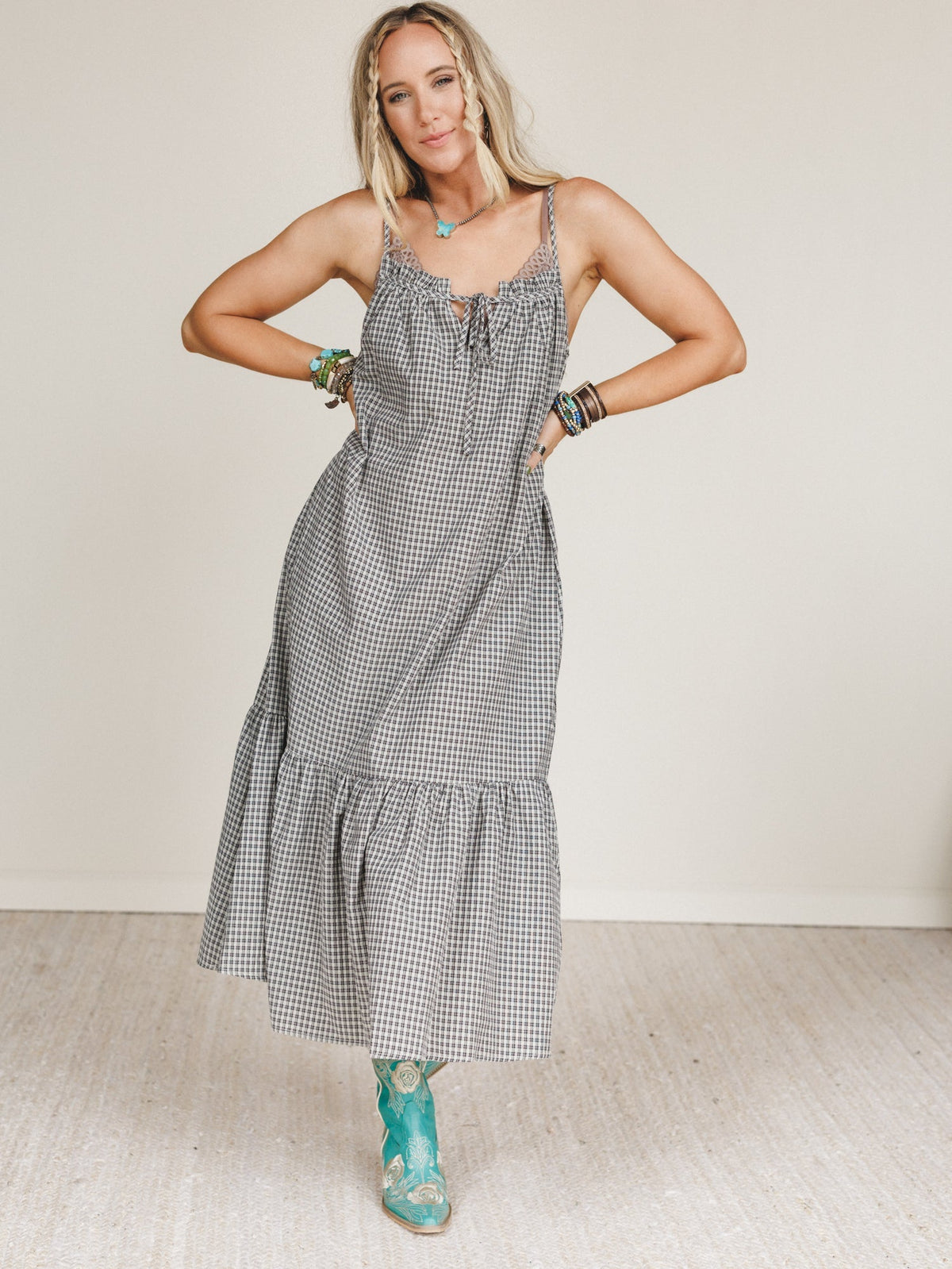 Sweet Tea Gingham Print Dress - Grey