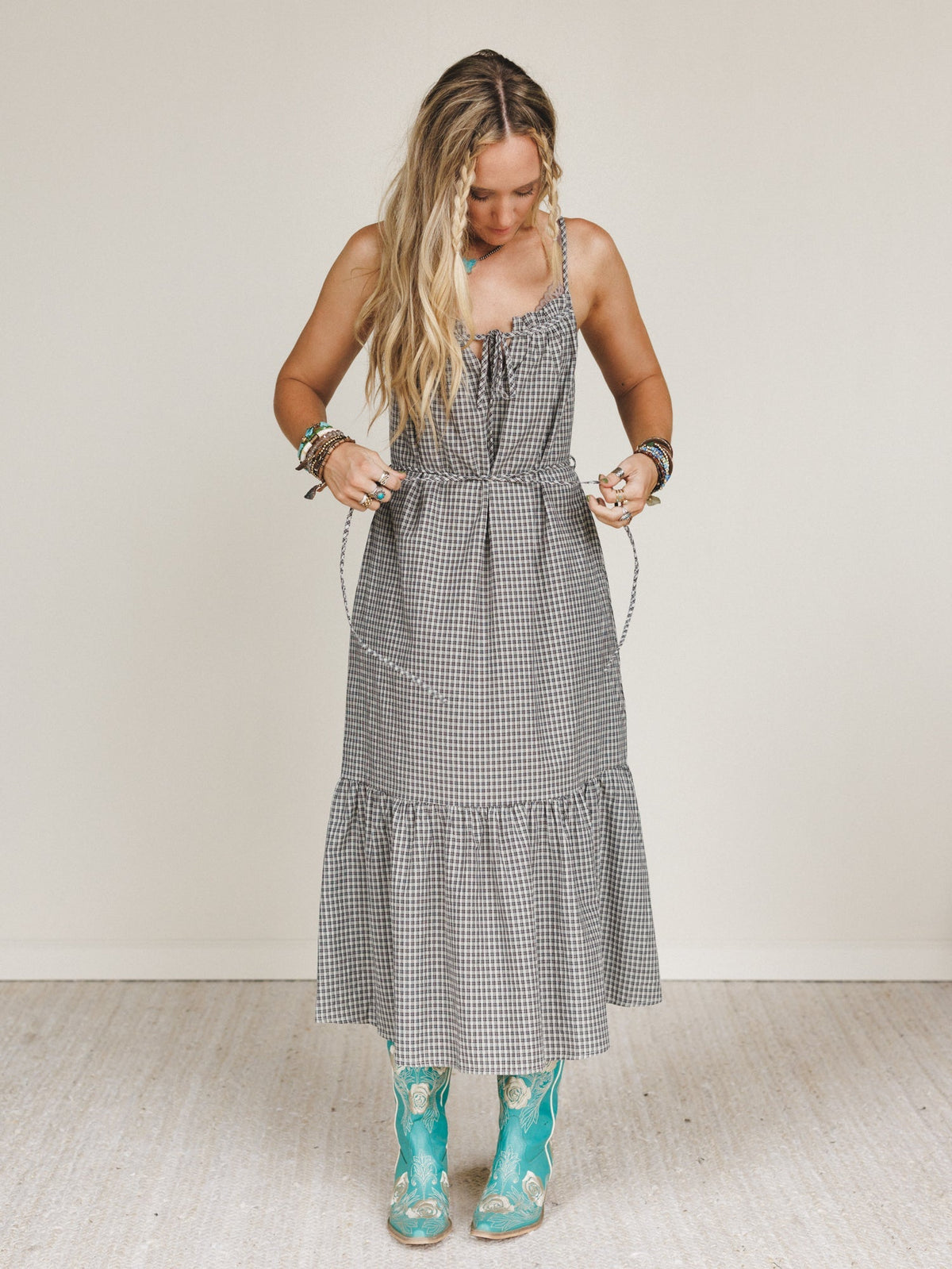 Sweet Tea Gingham Print Dress - Grey