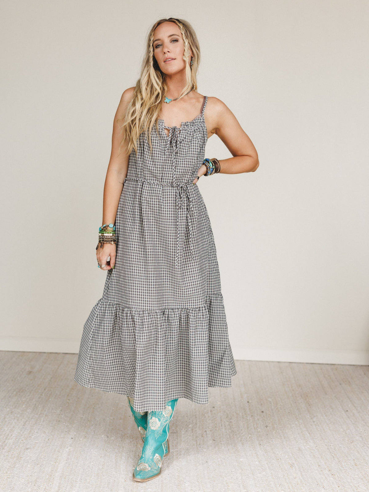 Sweet Tea Gingham Print Dress - Grey