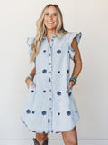 Honey Bloom Embroidered Dress - Washed Denim