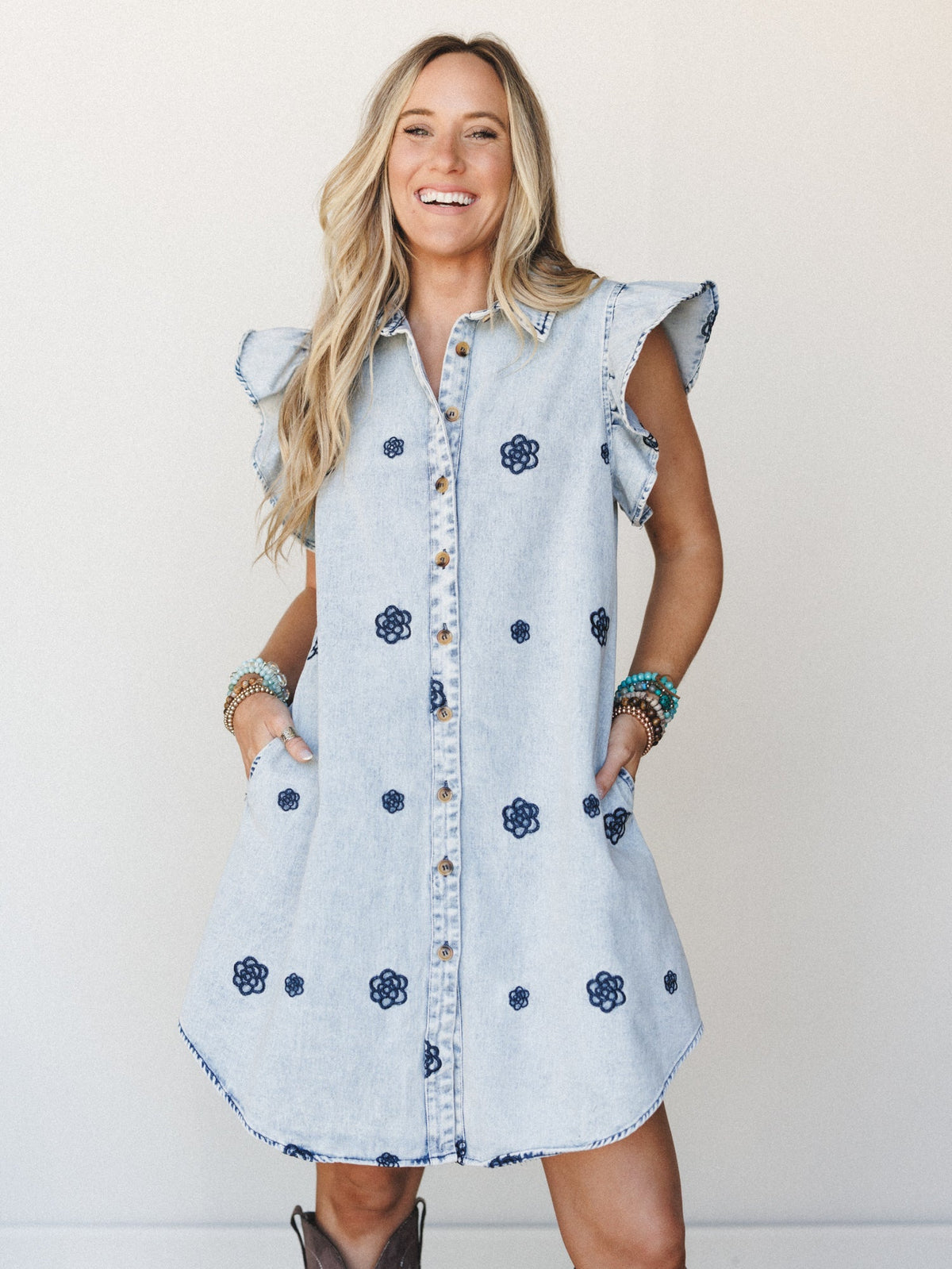 Honey Bloom Embroidered Dress - Washed Denim