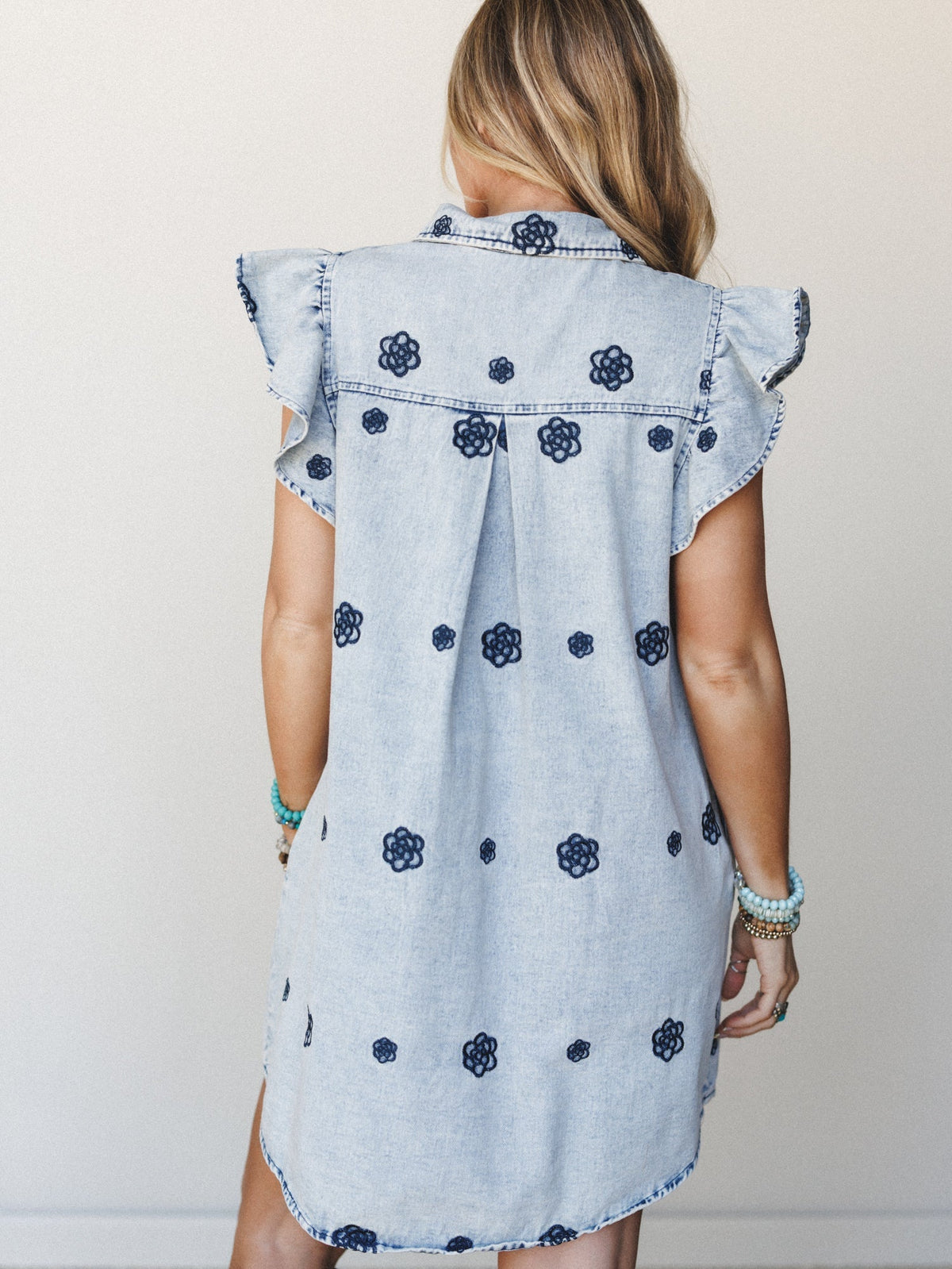 Honey Bloom Embroidered Dress - Washed Denim