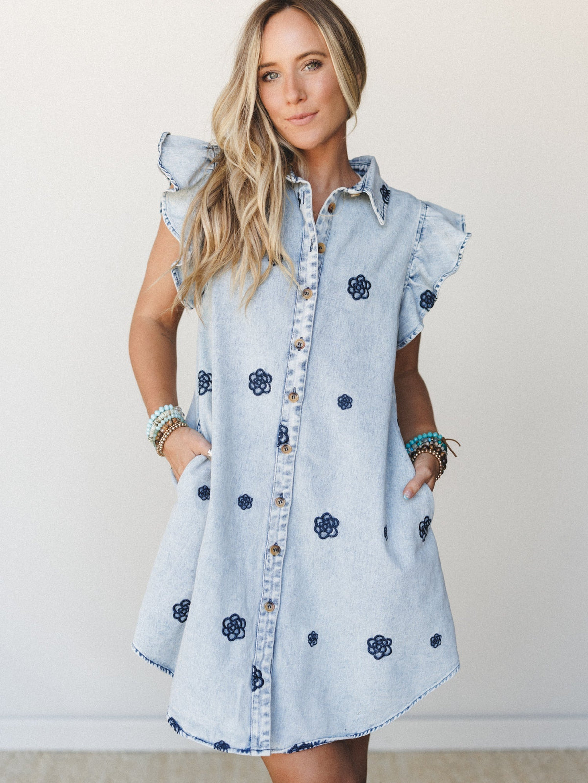 Honey Bloom Embroidered Dress - Washed Denim