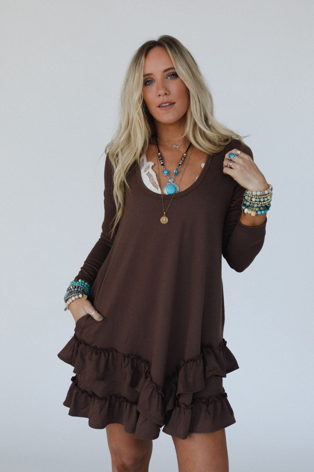 The Nest Constance Ruffle Hem Long Sleeve Dress - Khaki