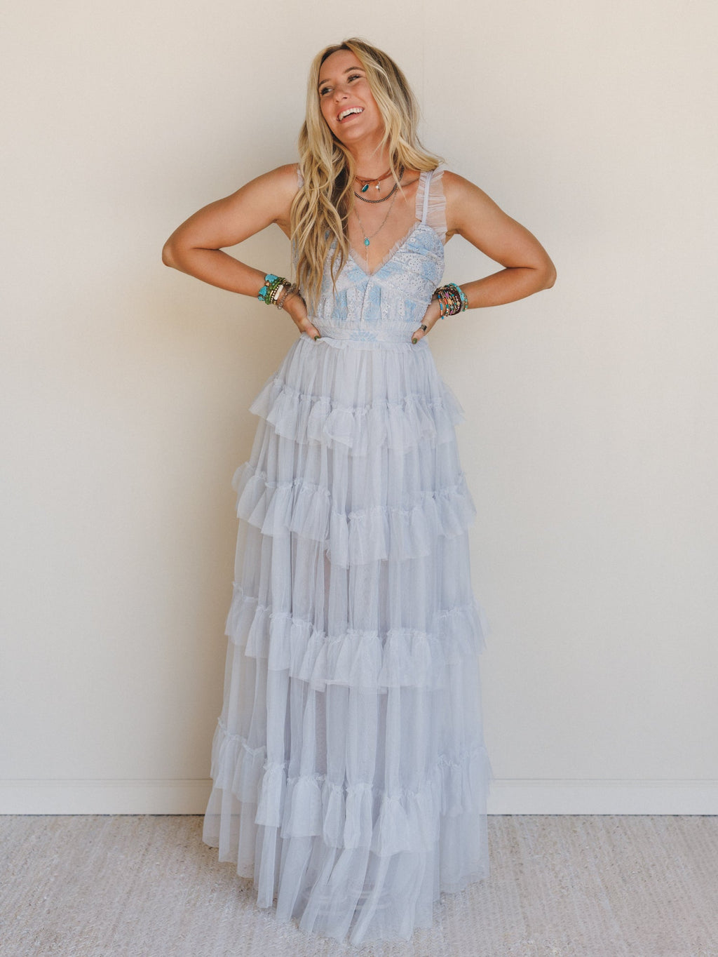 Isley Lace Tiered Maxi Dress - Blue
