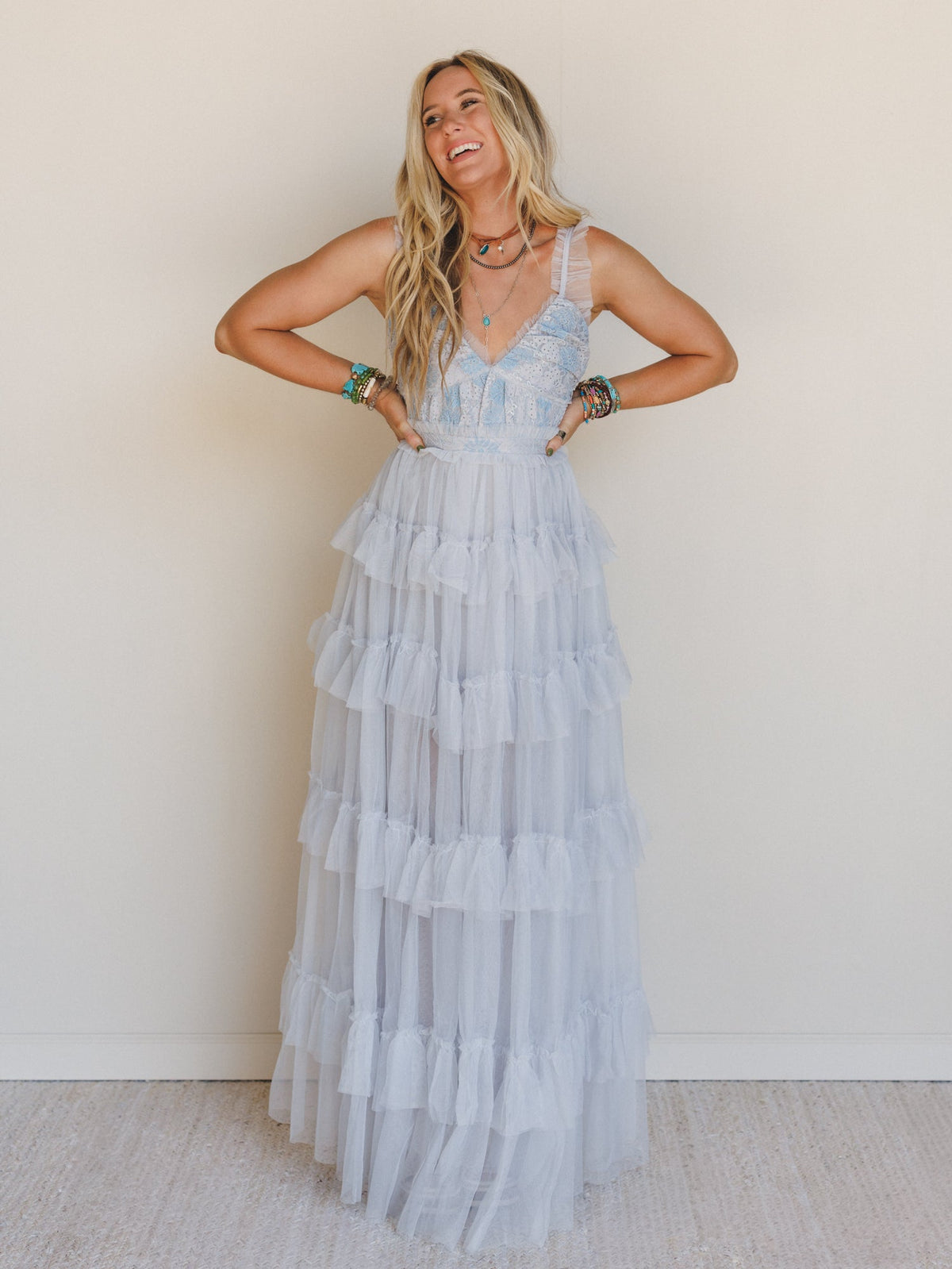 Isley Lace Tiered Maxi Dress - Blue