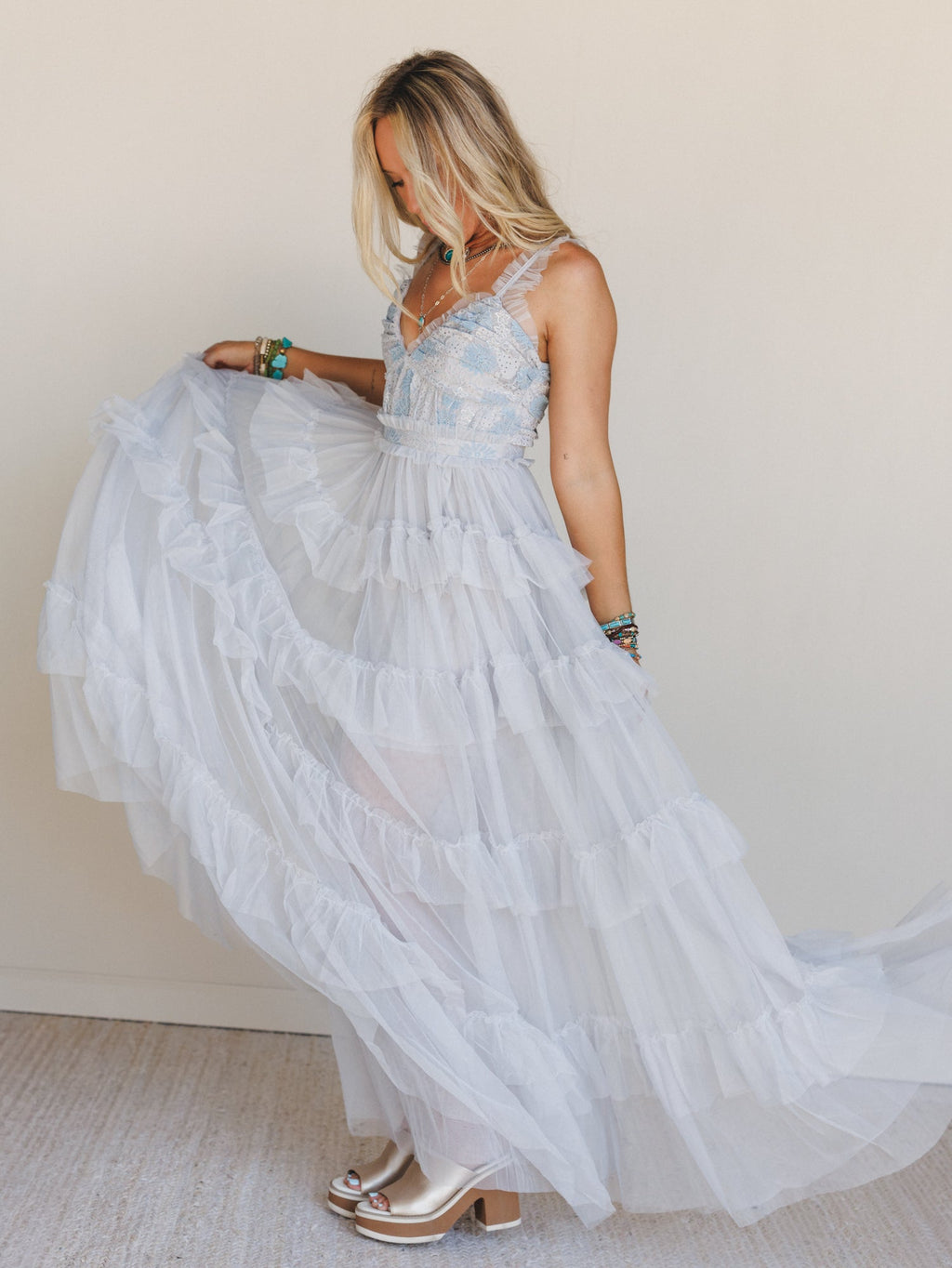 Isley Lace Tiered Maxi Dress - Blue