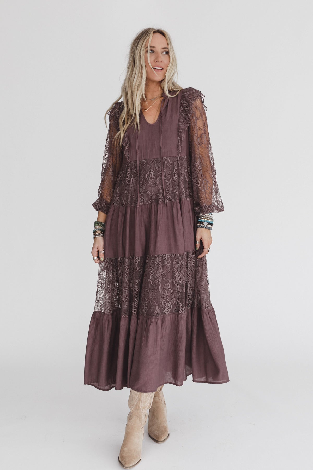 All Heart Lace Tiered Maxi Dress - Brown