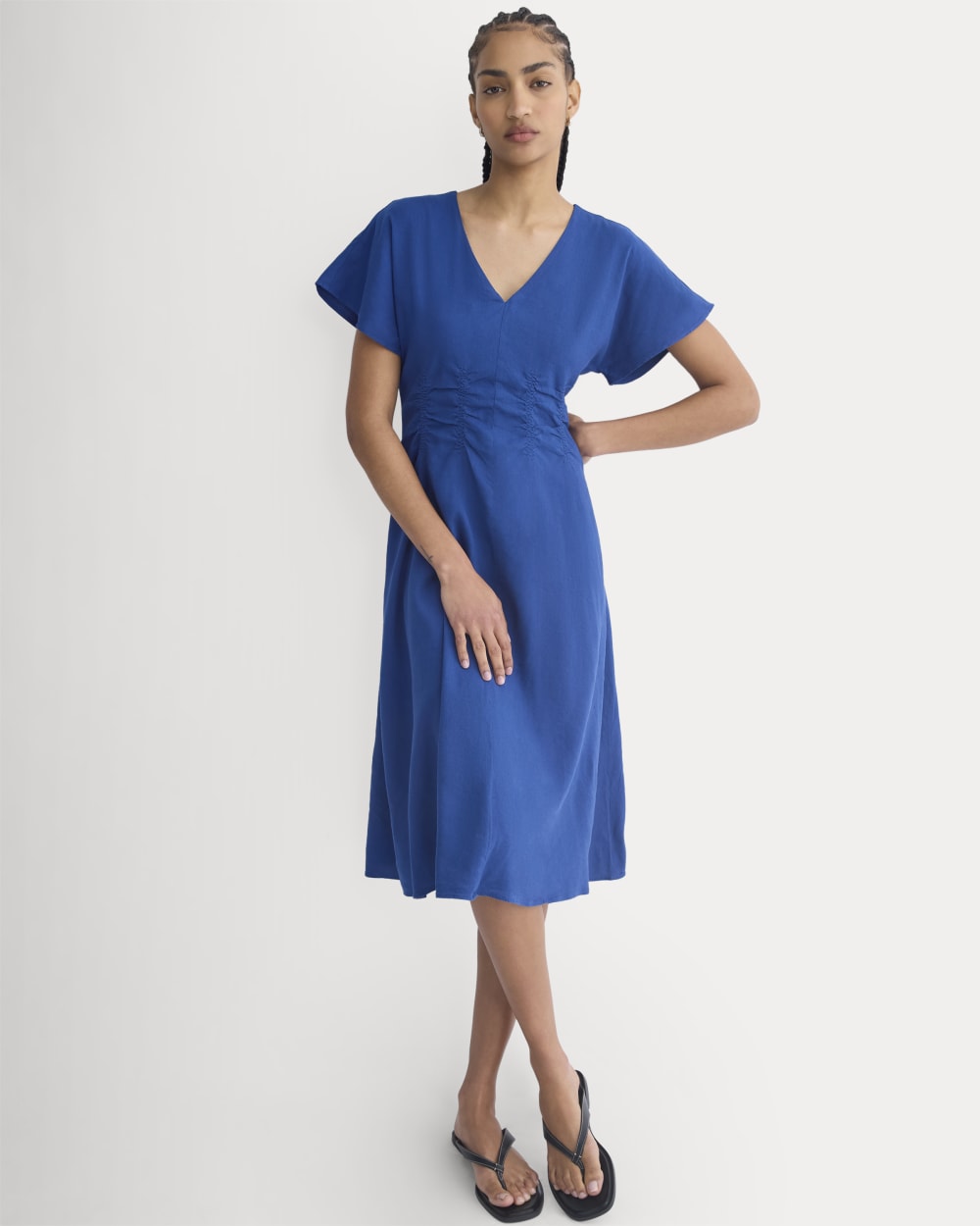 Cinched Dress in Stretch Linen | Estate Blue
