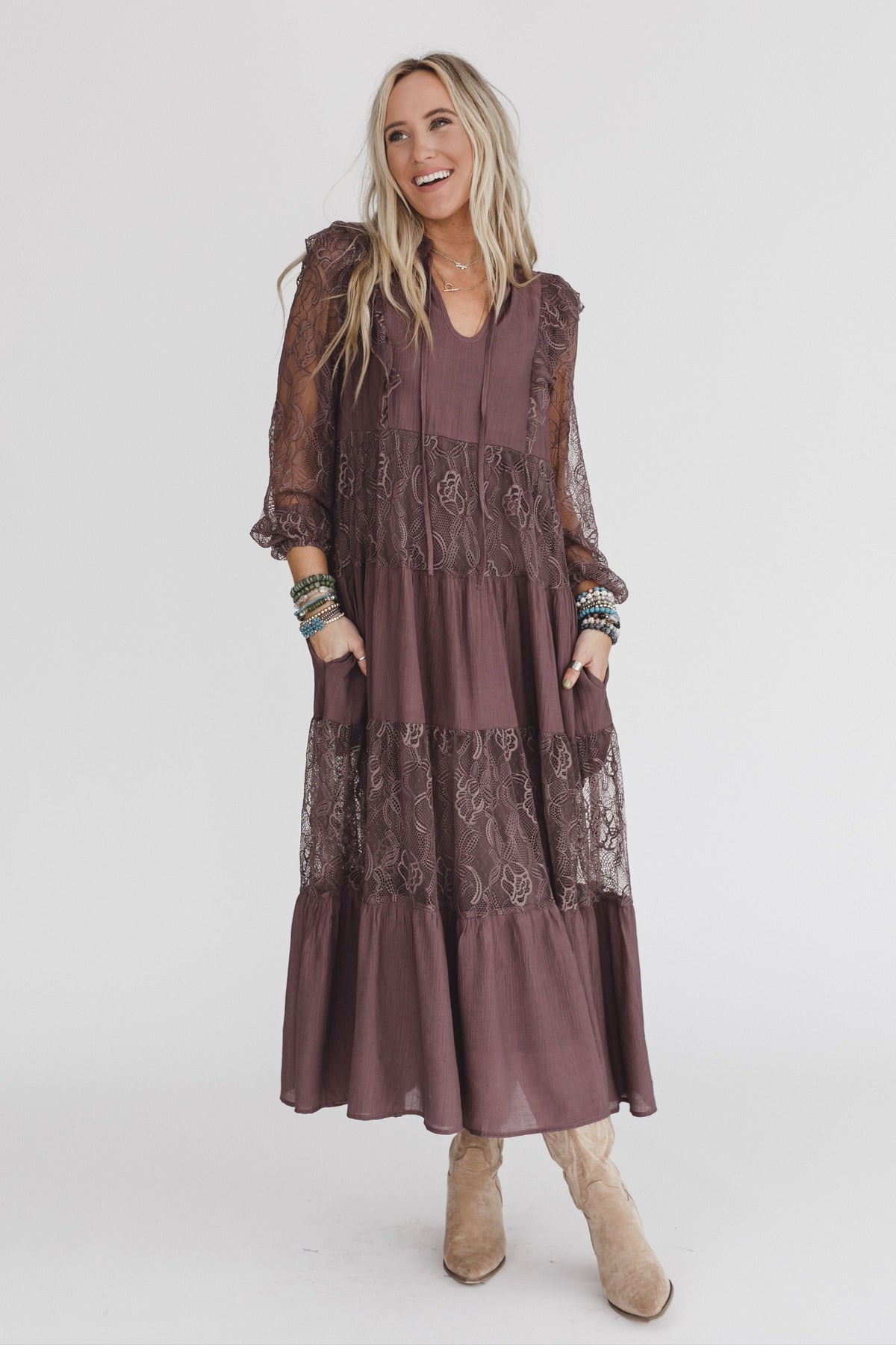 All Heart Lace Tiered Maxi Dress - Brown