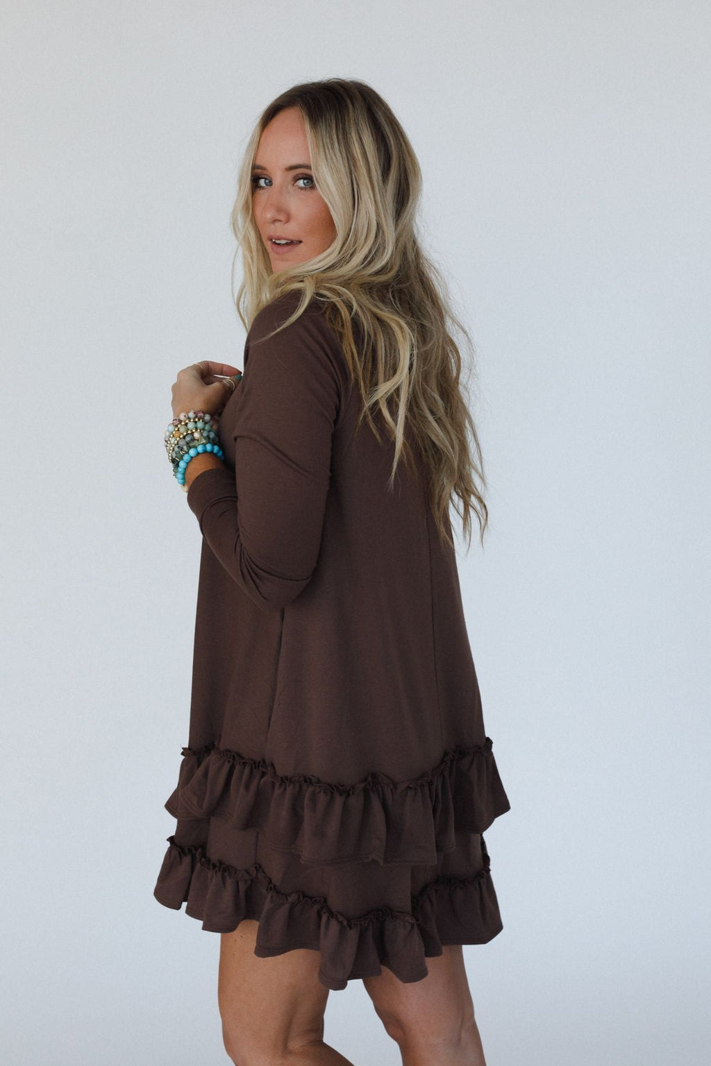 The Nest Constance Ruffle Hem Long Sleeve Dress - Khaki